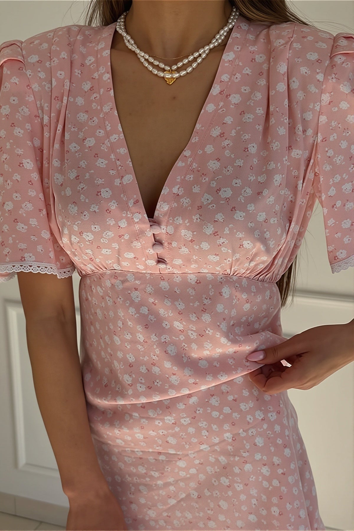 Floral V-Neck Flutter Sleeve Lace Trim Mini Dress