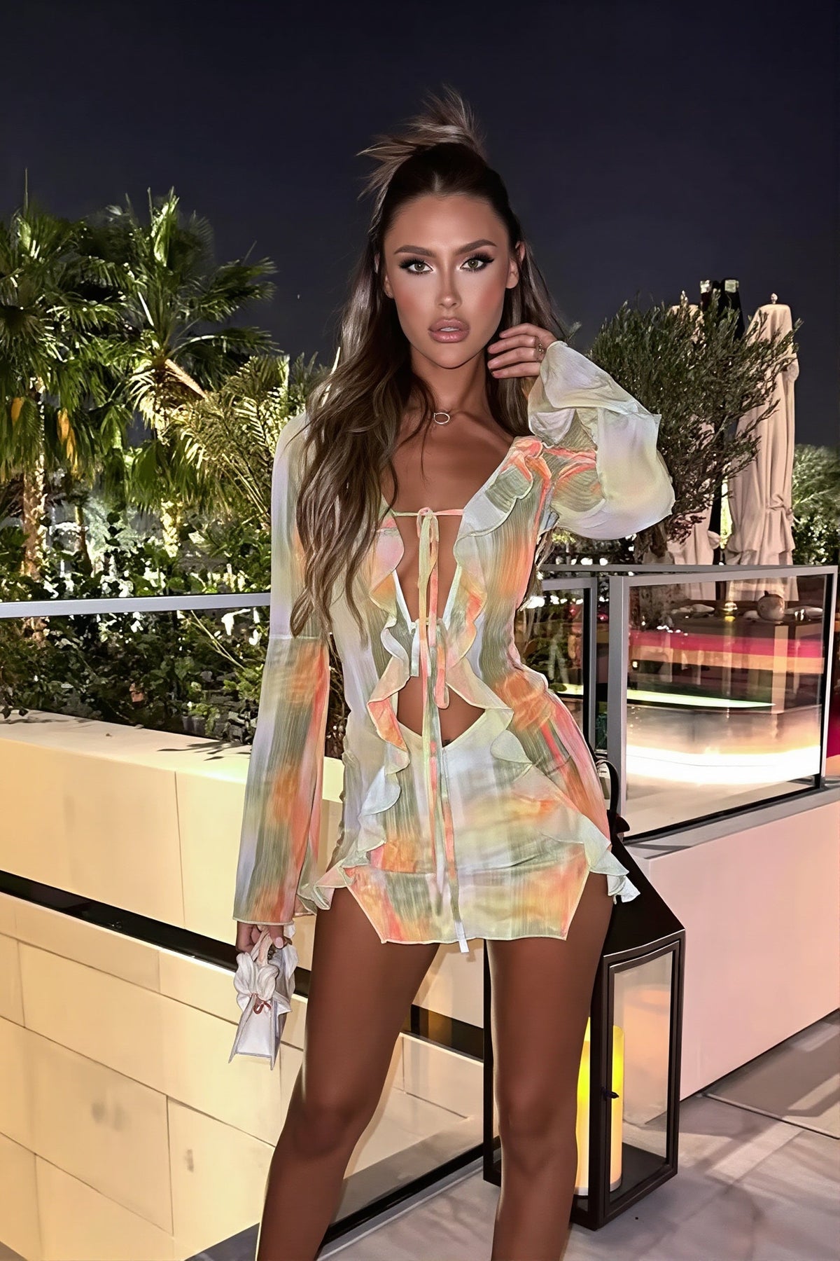 Sheer Ruffle Long Sleeve Plunge Tie Front Mini Dress