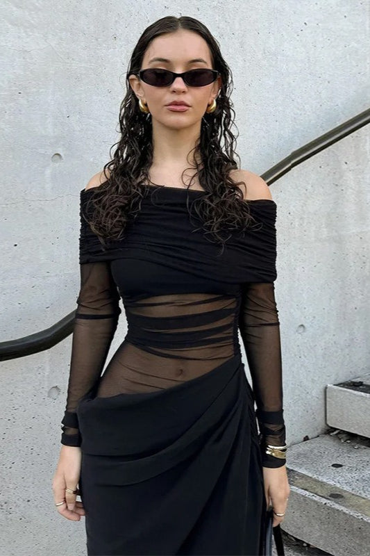 Mesh Panel Off Shoulder Long Sleeve Draped Maxi Dress 9