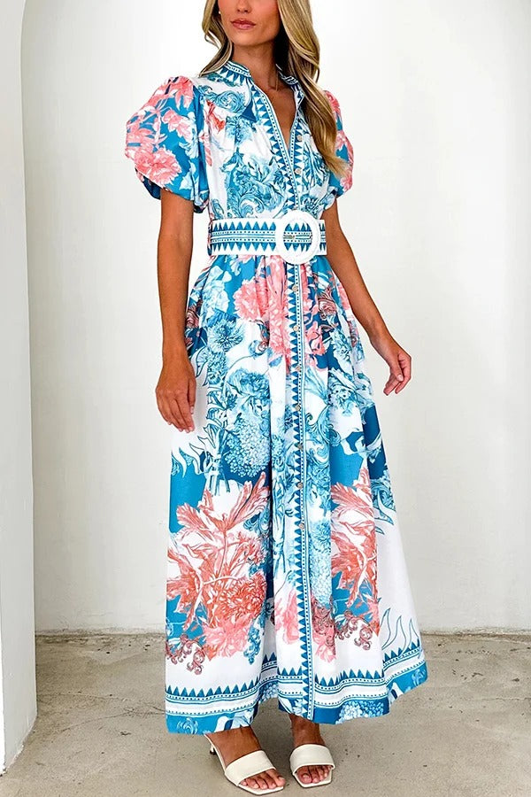 Unique Print Puff Sleeve Button Belt Casual Maxi Dress - Fashionpara