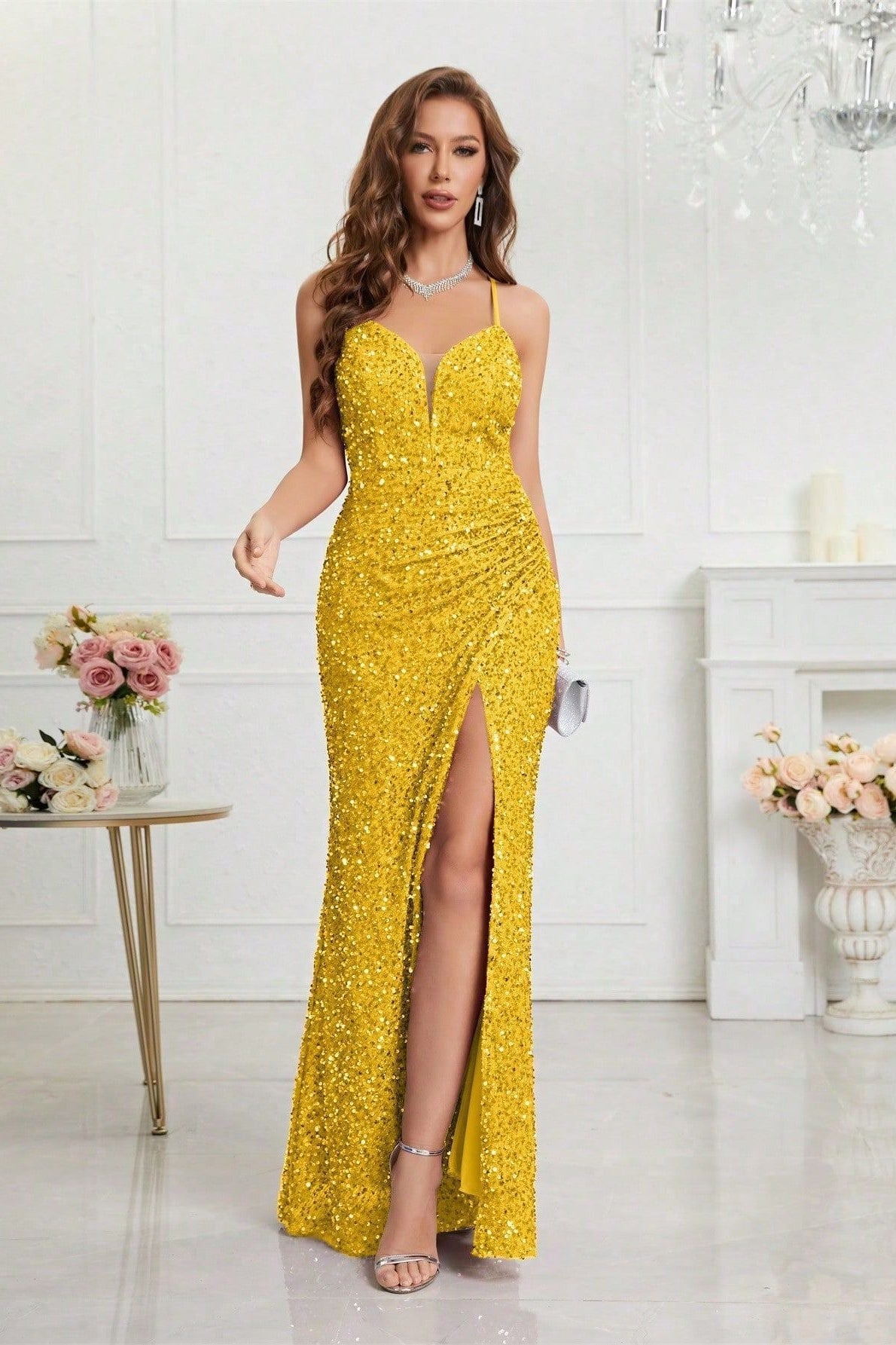Spaghetti Strap Sweetheart Sequin Ruched High Split Mermaid Gown 4