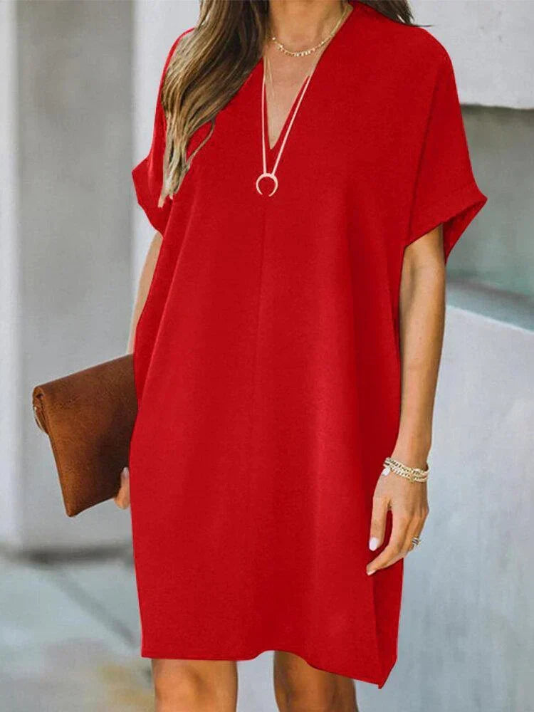 Deep V-Neck Dolman Short Sleeve Loose Shift Mini Dress - View 2