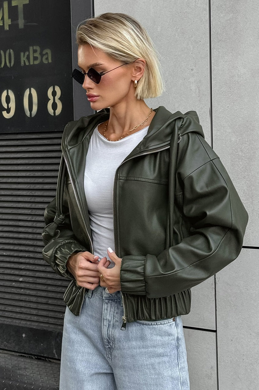 PU Leather Hooded Casual Jacket