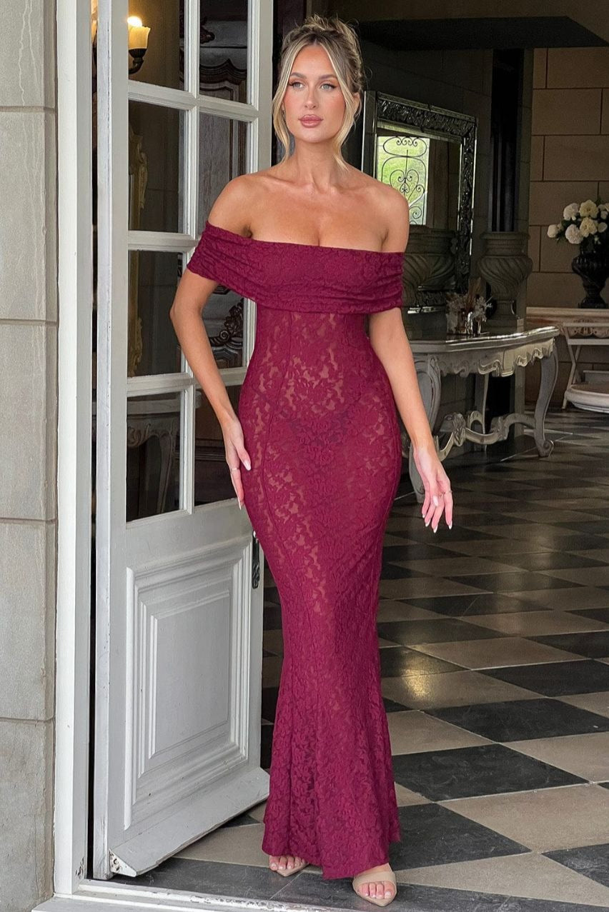 Sheer Floral Lace Off-Shoulder Mermaid Maxi Gown