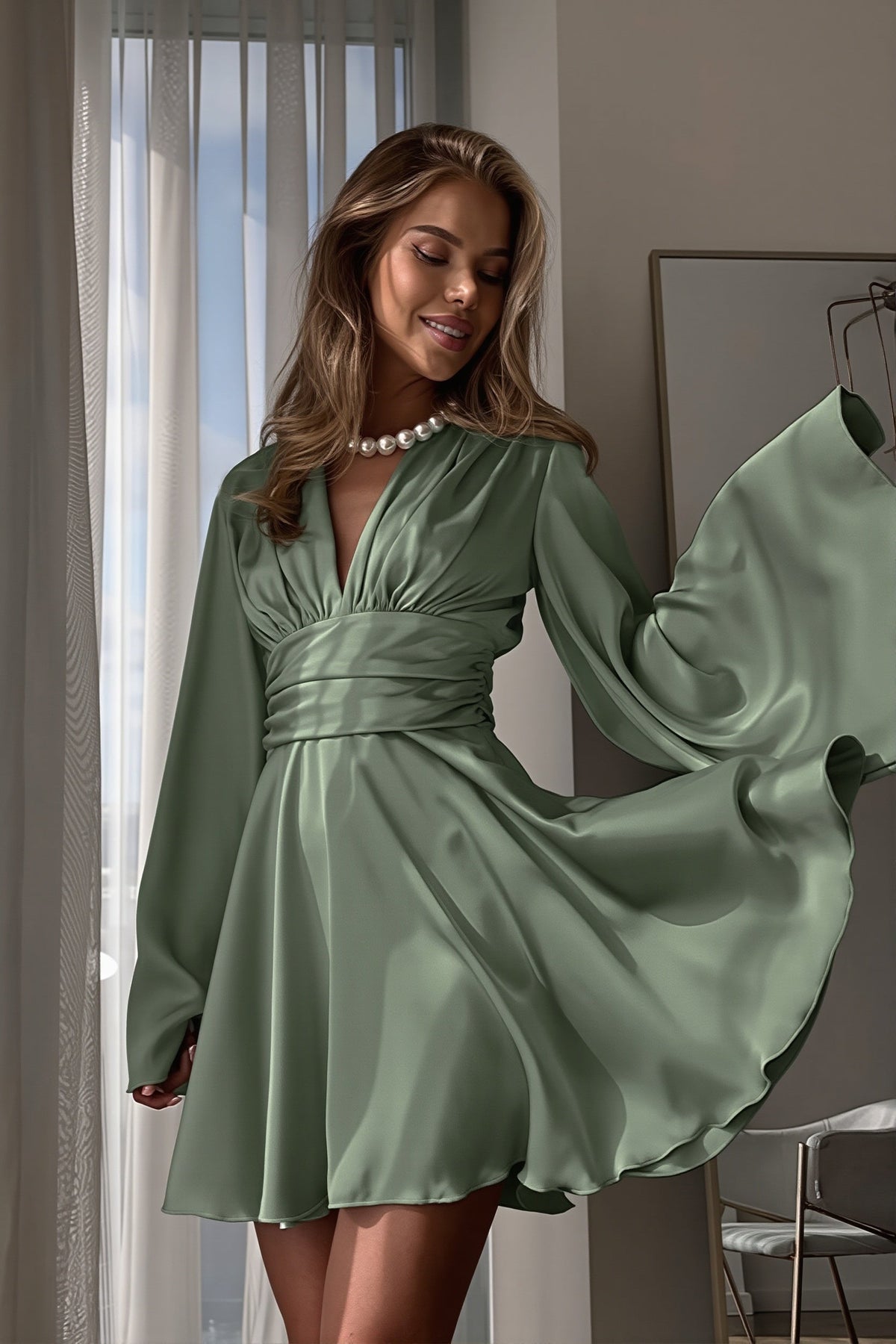 Satin Deep V-Neck Long Sleeve Flared Mini Dress
