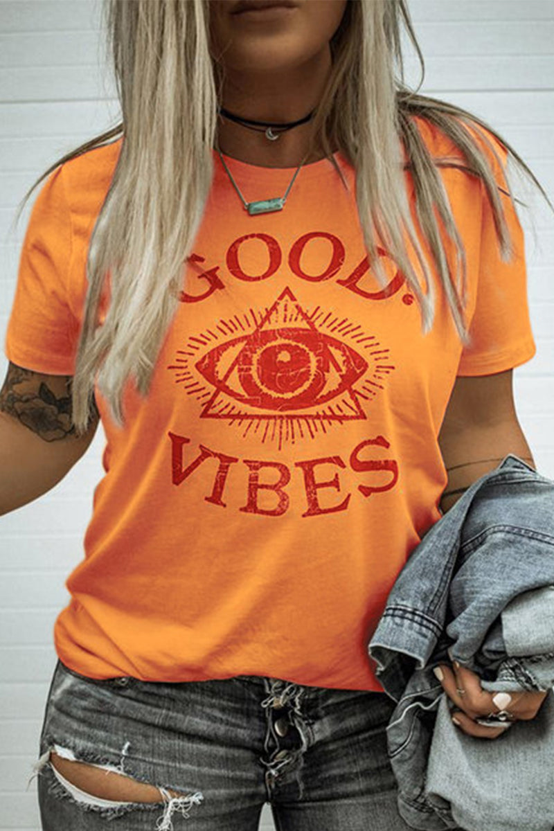 O Neck Daily Letter GOOD VIBES Print White T-shirt Fashionpara