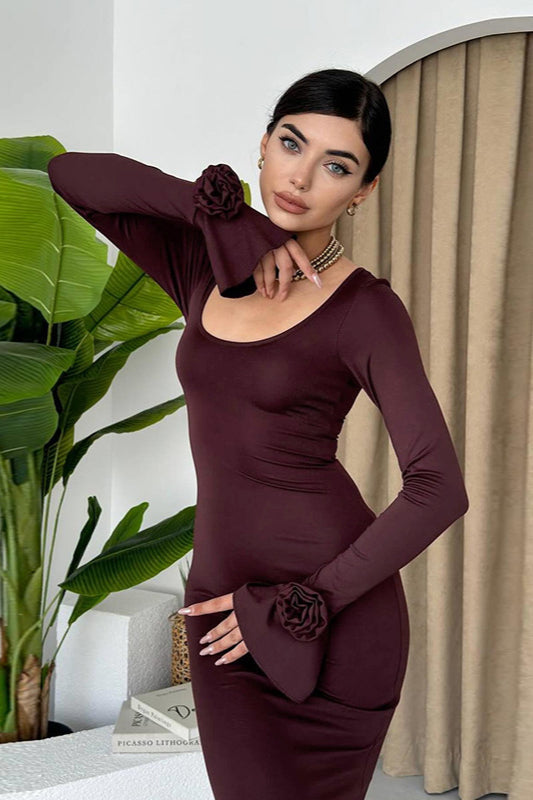 Round Neck Rose Embellished Long Sleeve Party Dress