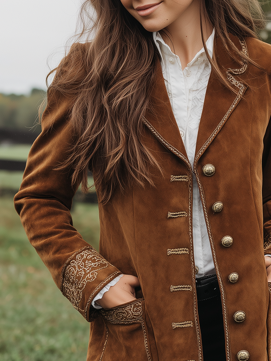 Retro Embroidered Cuffs Eco-friendly Suede Coat - Fashionpara