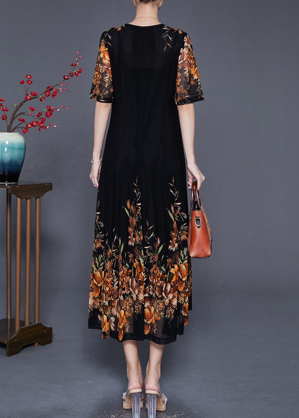 Mesh Elbow Sleeve V-Neck Band Hem A-Line Midi Dress - View 4