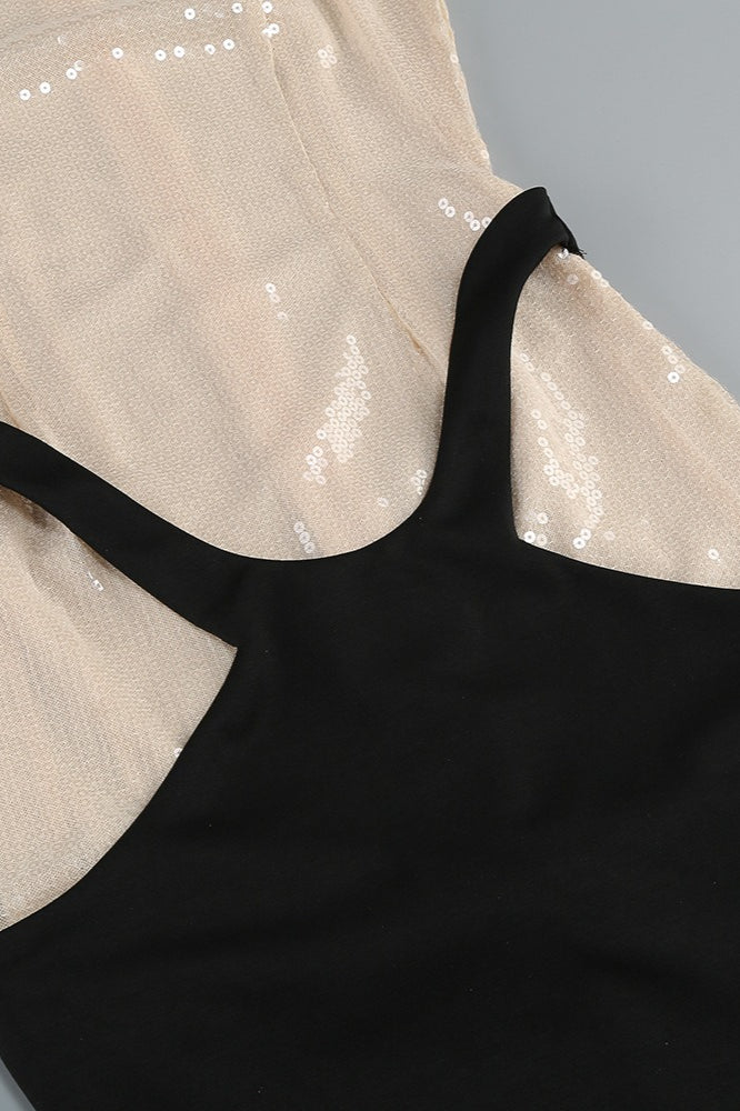 Elegant Nude Sequin Sleeveless Black Mermaid Formal Dress