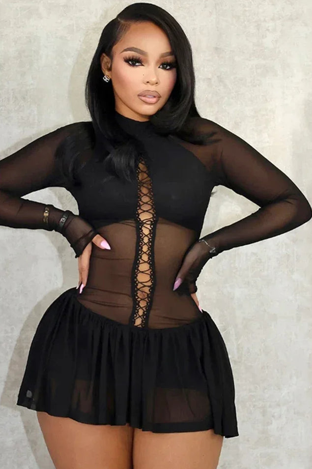 Sheer Mesh Lace Up Long Sleeve Mini Dress