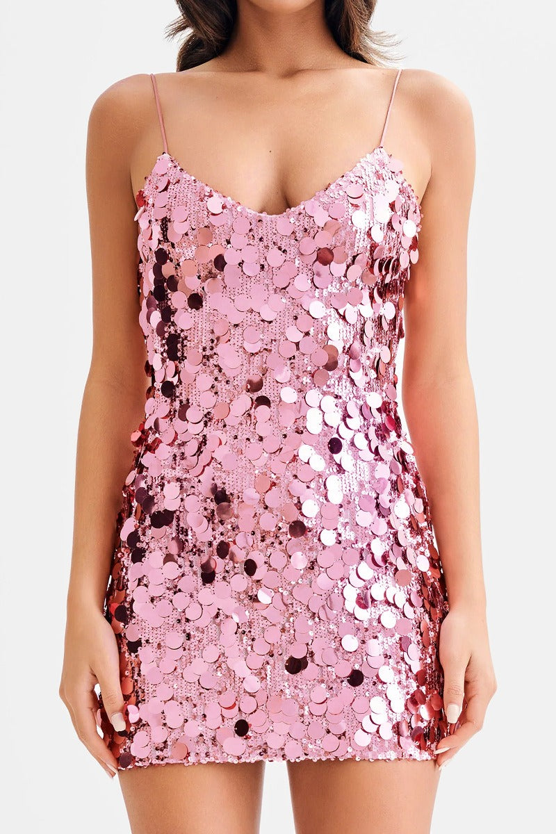Disc Sequin Spaghetti Strap Cowl Neck Bodycon Mini Dress - View 2
