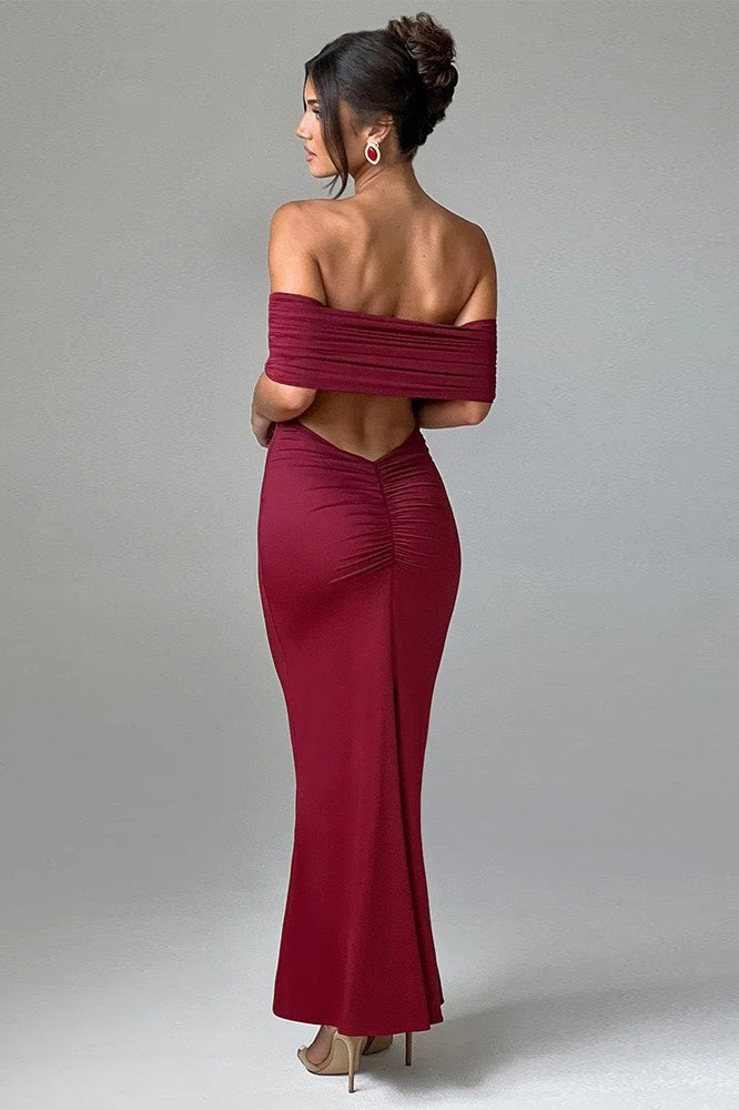 Off Shoulder Foldover Bardot Fishtail Maxi Dress 17