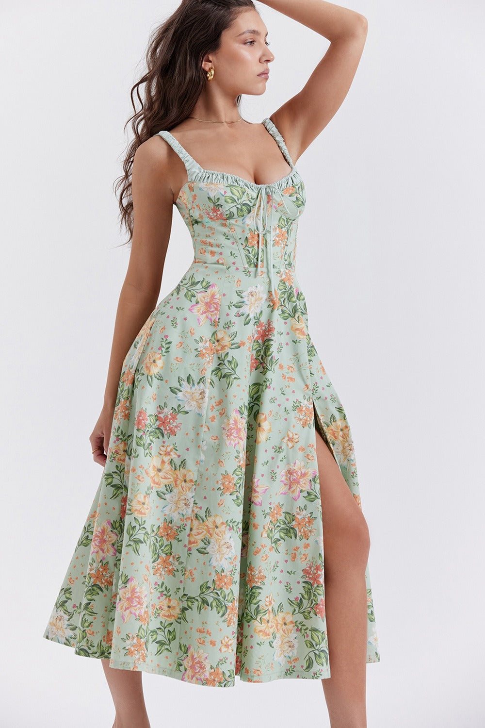 Floral Sweetheart Tie-Front Side Split Midi Dress 4