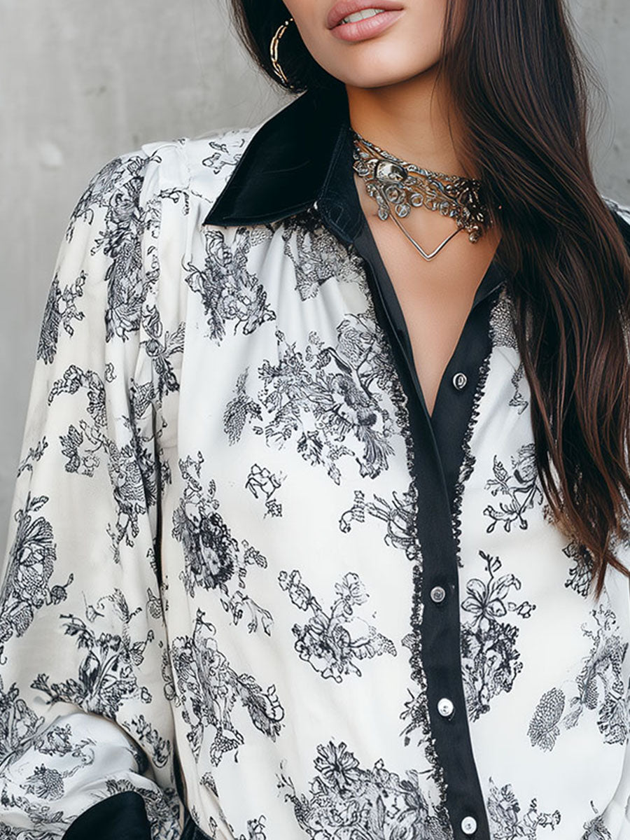 Vintage Monochrome Floral Silk Blouse With Contrast Trim