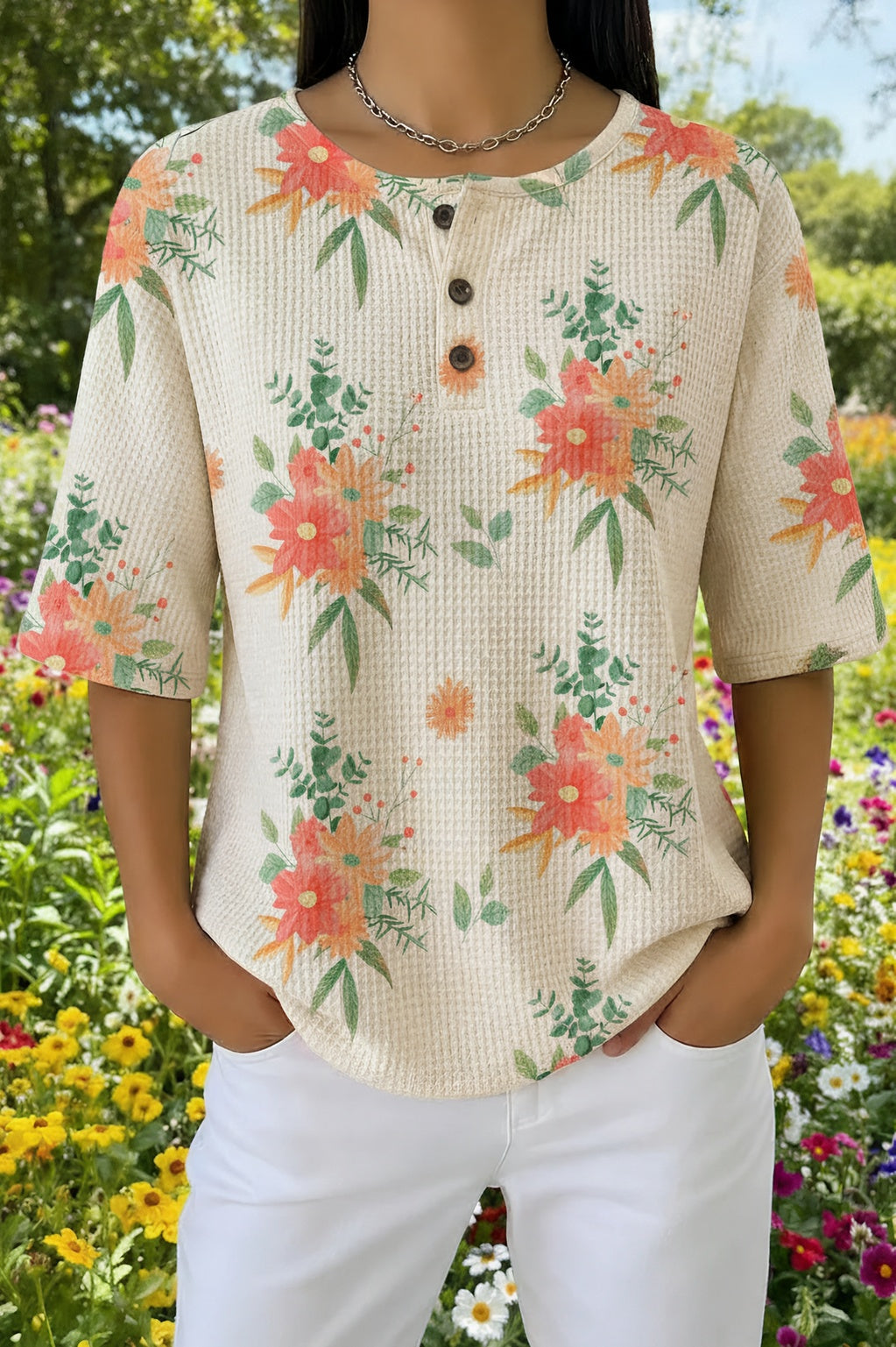 Floral Print Waffle Knit Henley Button Short Sleeve Top