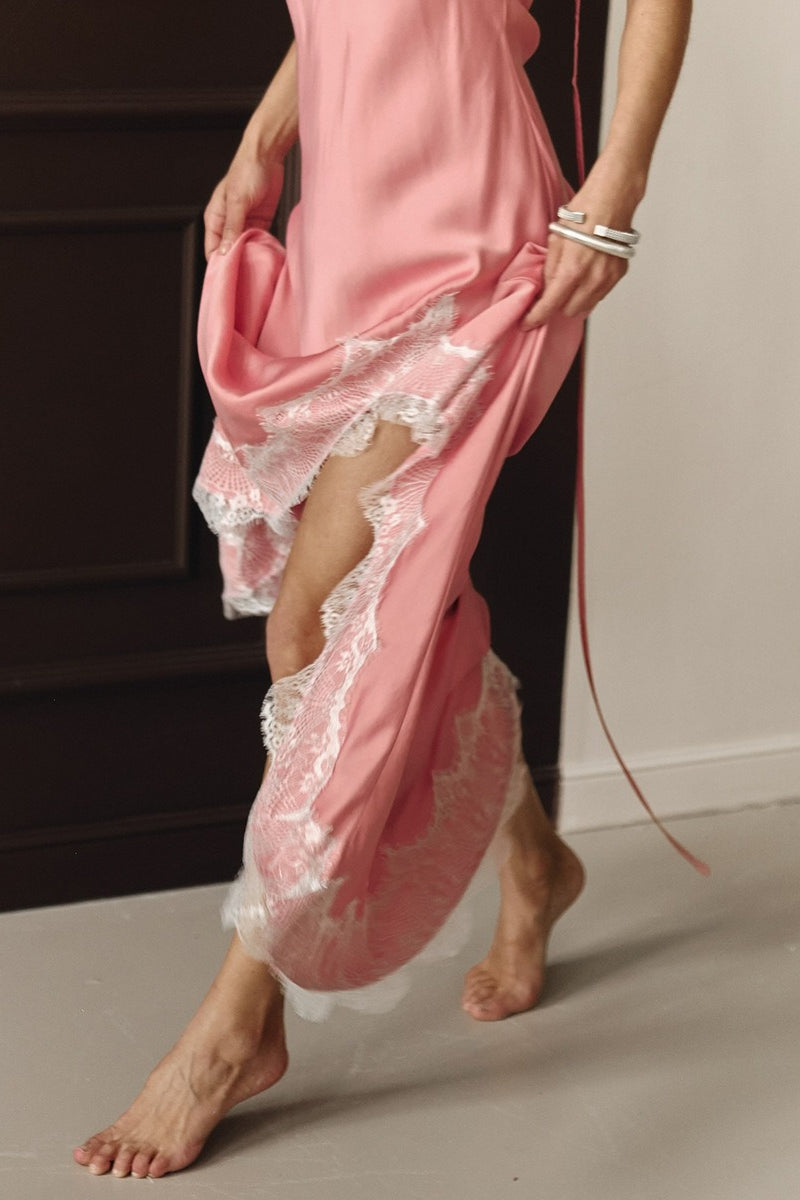 Lace Spaghetti Strap Silk-Like Slit Maxi Dress