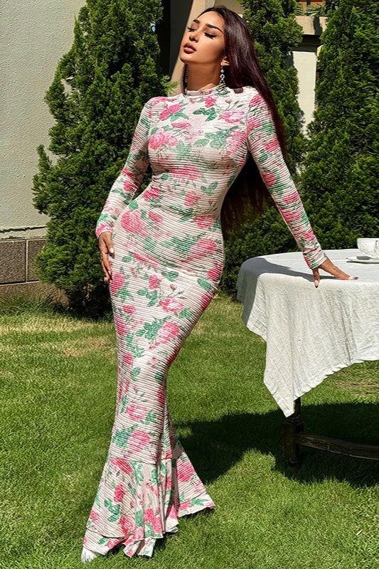 Floral Print High Neck Long Sleeve Mermaid Dress 2