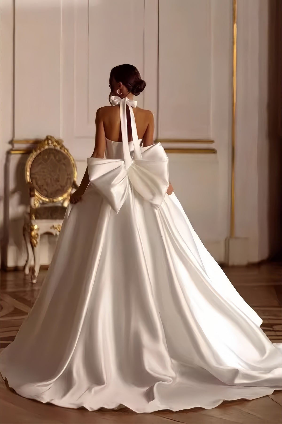 Satin Halter Backless Oversized Bow Ball Gown Wedding Dress