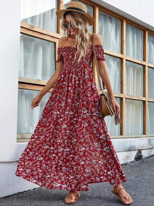 Off Shoulder Smocked Floral High Split Maxi Dress 3
