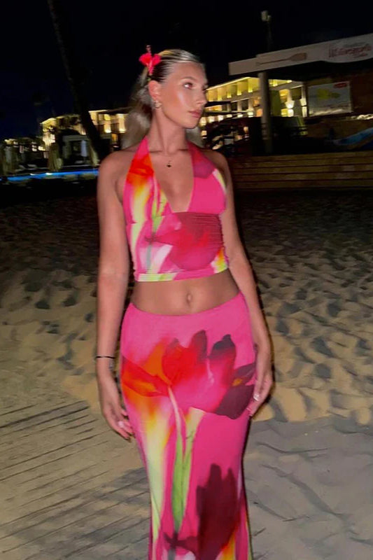 Halter Neck Printed Crop Top Bodycon Maxi Dress