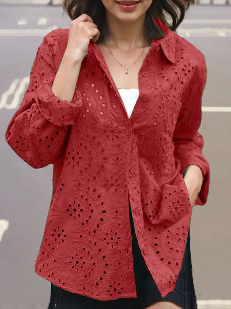 Casual Patchwork Turn-down Collar Embroidered Blouse