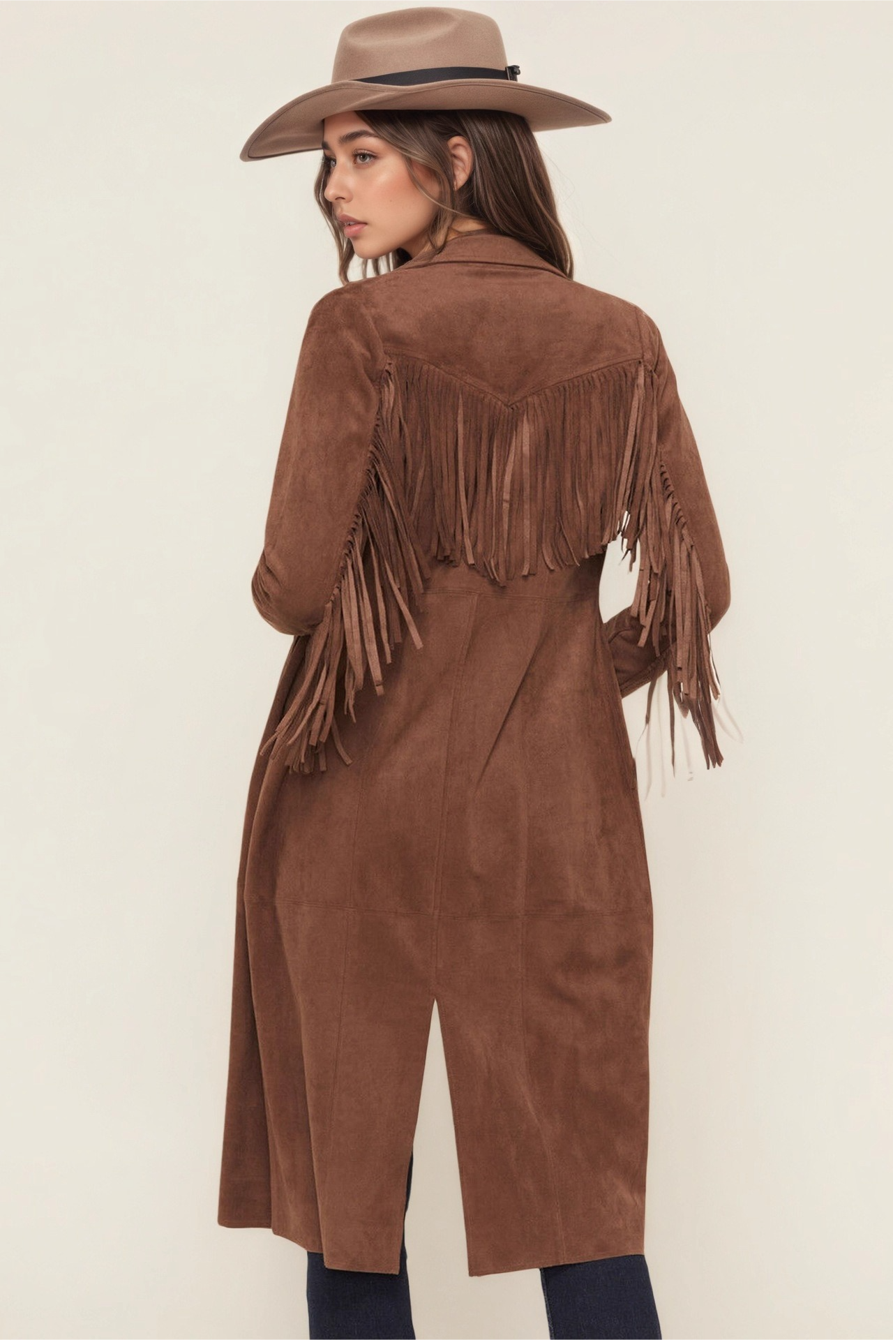 Faux Fur Notch Lapel Long Fringe Long Sleeve Overcoat - Fashionpara