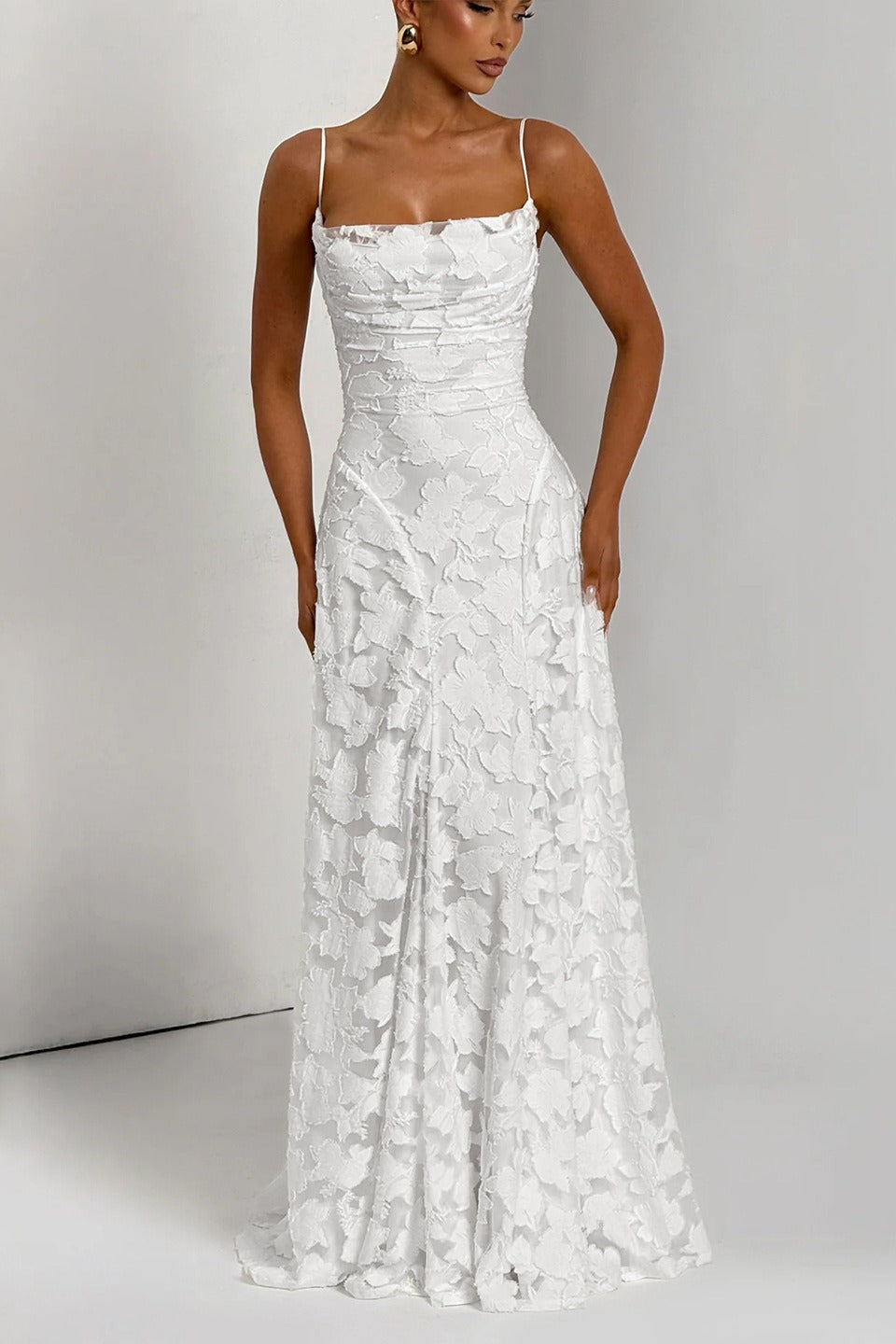 Floral Jacquard Cowl-Neck Spaghetti-Strap Maxi Gown