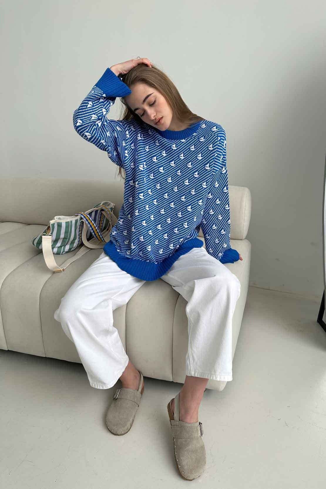 PrincessAce Sailboat Pattern Crew Neck Knit Sweater