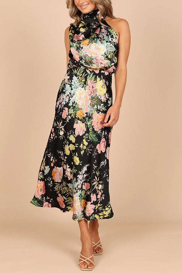 Wine Country Dates Floral Halter Neck Elastic Waist Satin Maxi Dress - Fashionpara