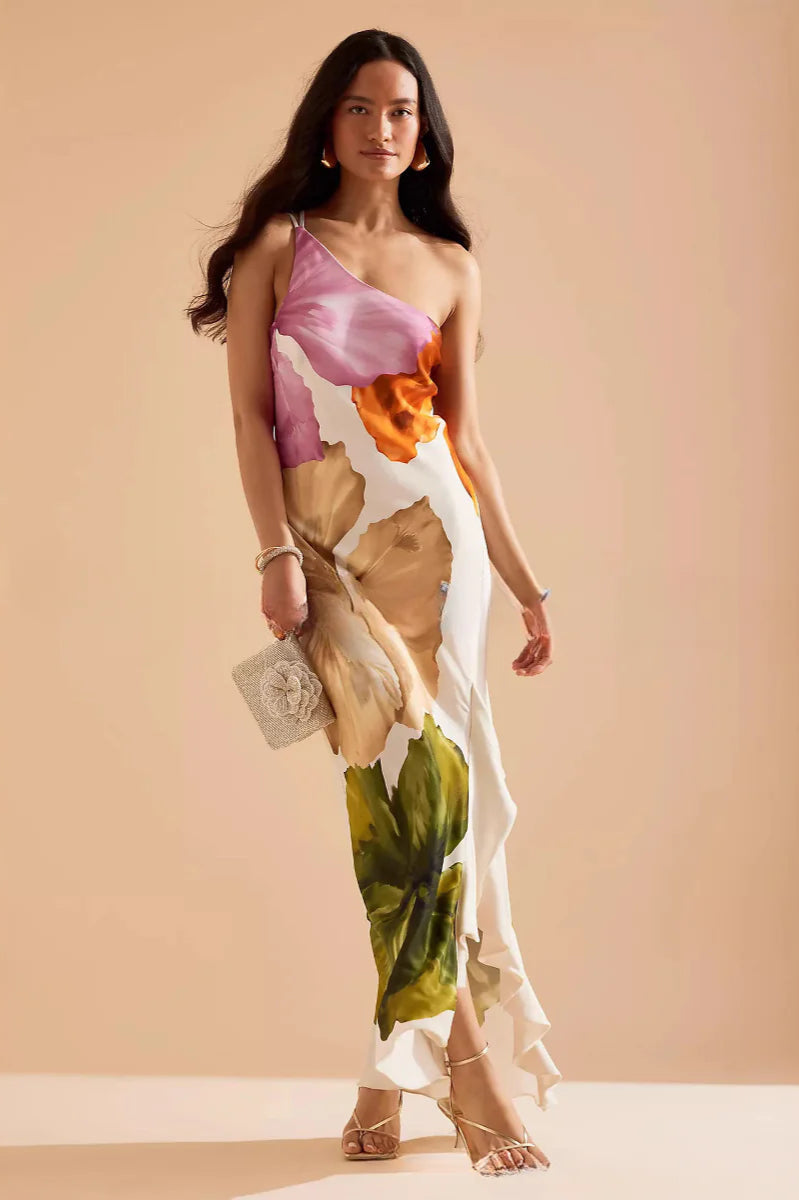 Satin Floral Print One Shoulder Maxi Dress 3
