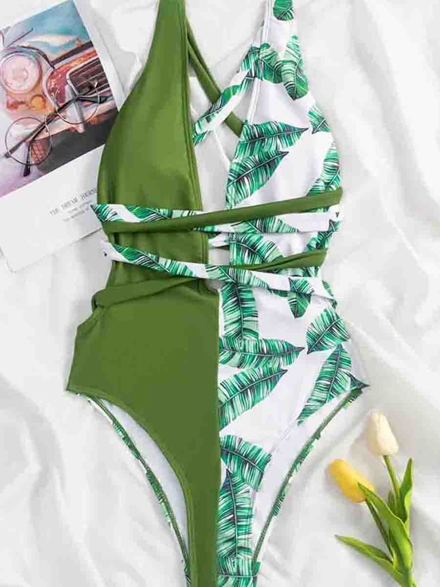 Floral Print  Patchwork Green One-piece Swimsuit - Fashionpara