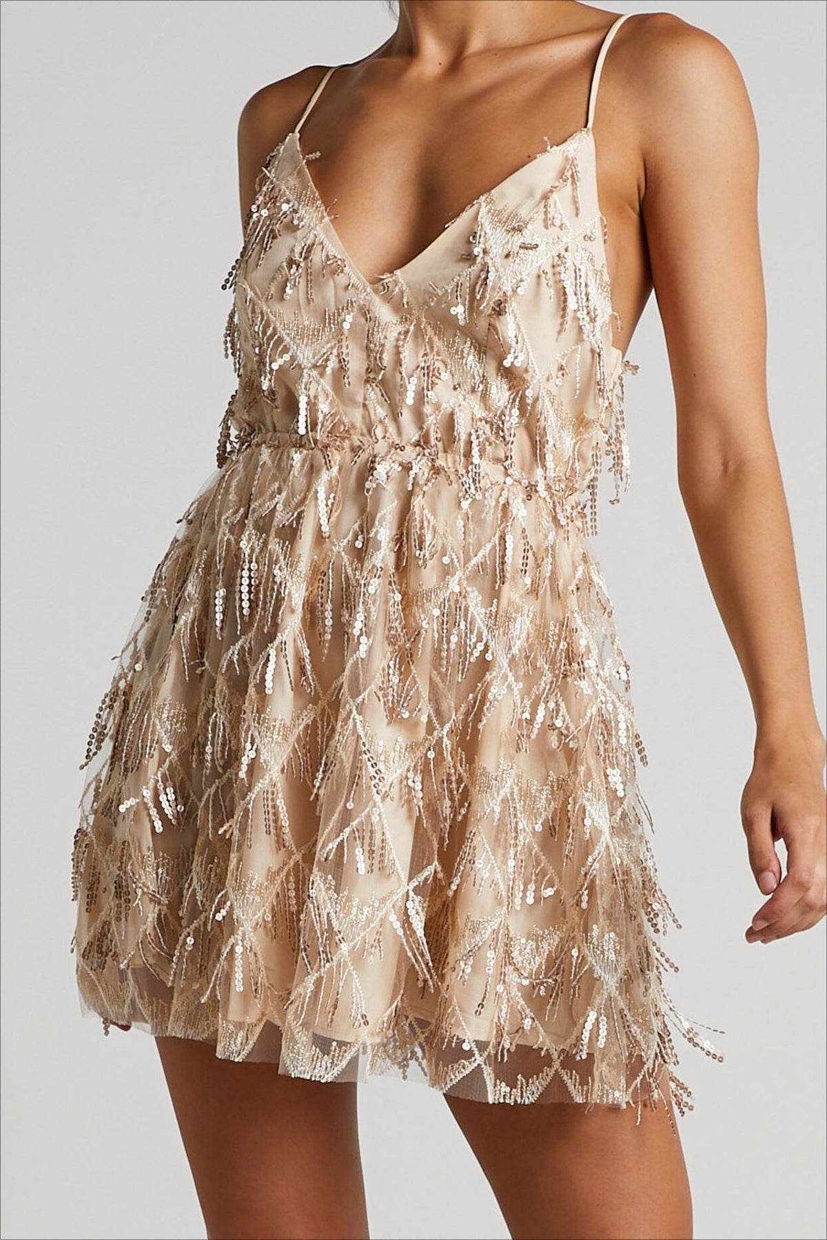 Sequin Fringe V-Neck Spaghetti Strap Fit and Flare Mini Party Dress