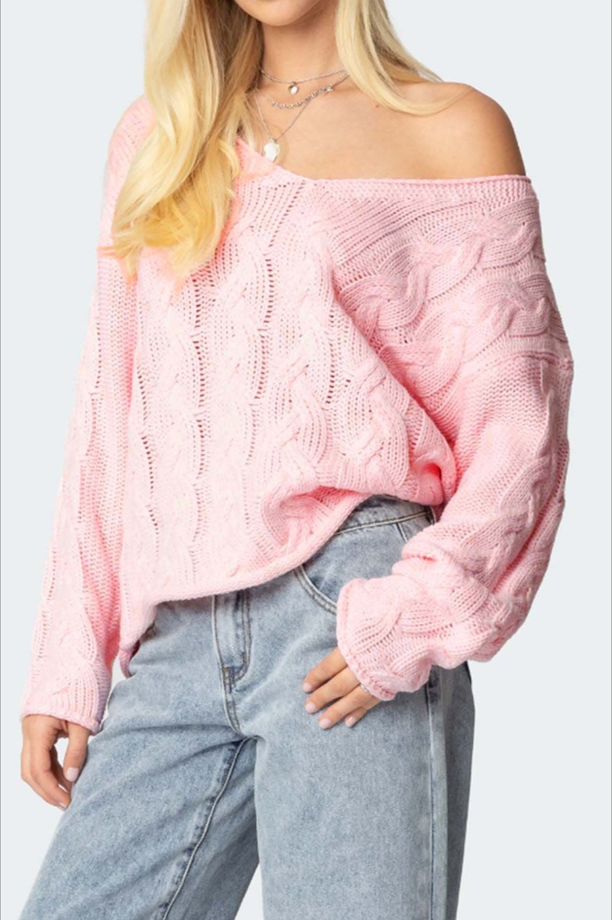 Solid Color V-Neck Cable-Knit Loose Sweater 6