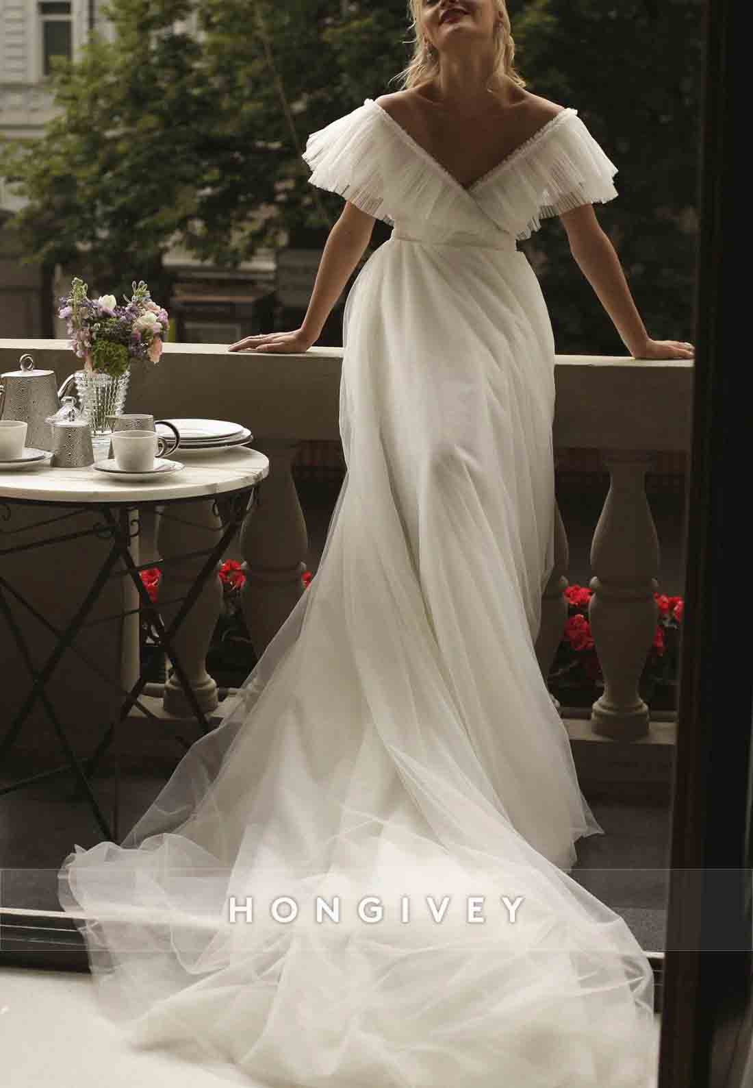 Simple V-Neck Court Train V Back A-Line Wedding Dresses