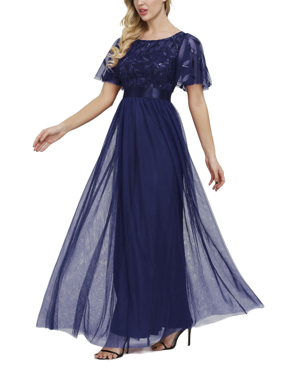 Sequin Short Sleeve Empire Waist Tulle A-Line Maxi Dress - View 5