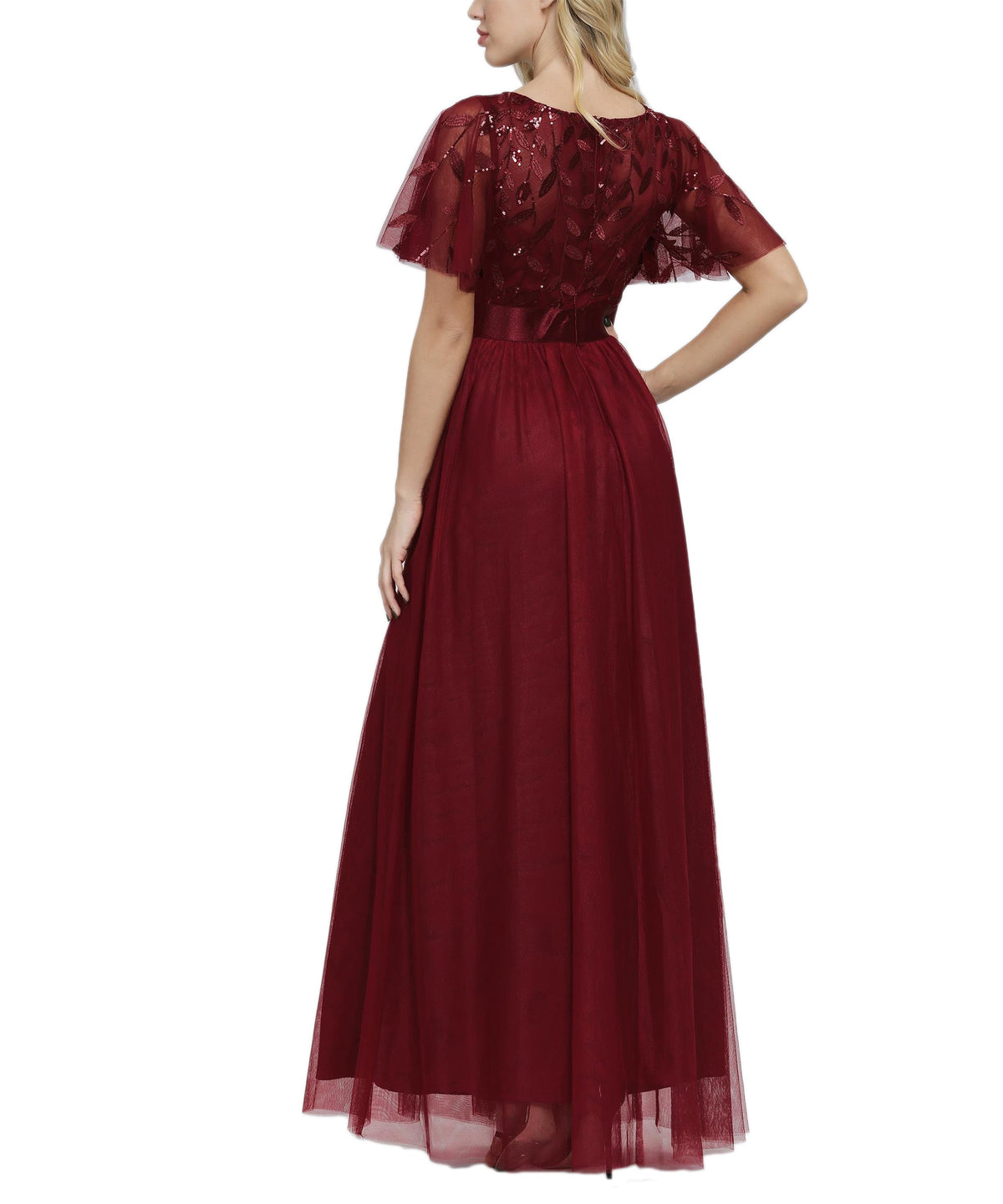 Sequin Short Sleeve Empire Waist Tulle A-Line Maxi Dress - View 3