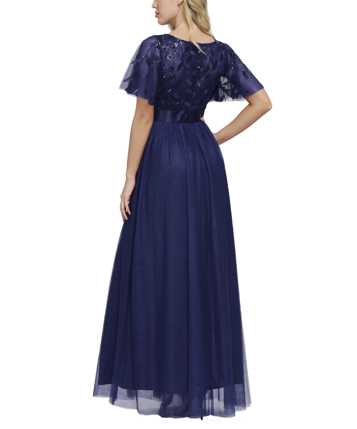 Sequin Short Sleeve Empire Waist Tulle A-Line Maxi Dress - View 6