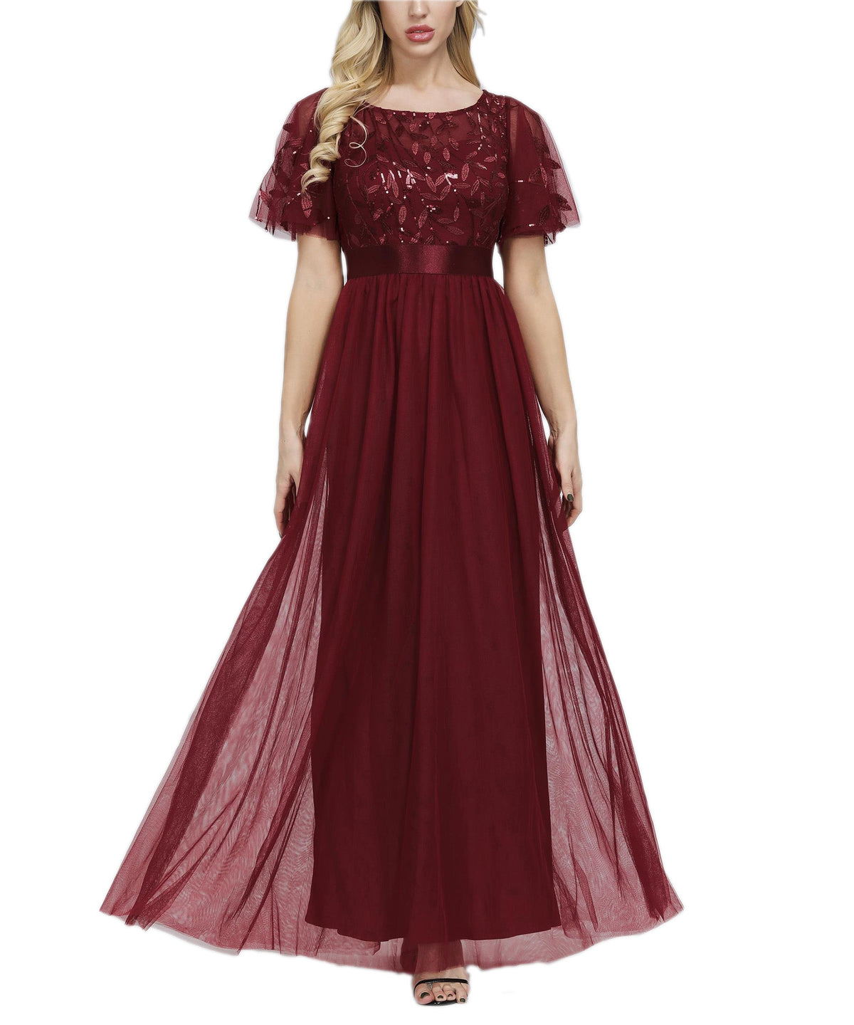 Sequin Short Sleeve Empire Waist Tulle A-Line Maxi Dress