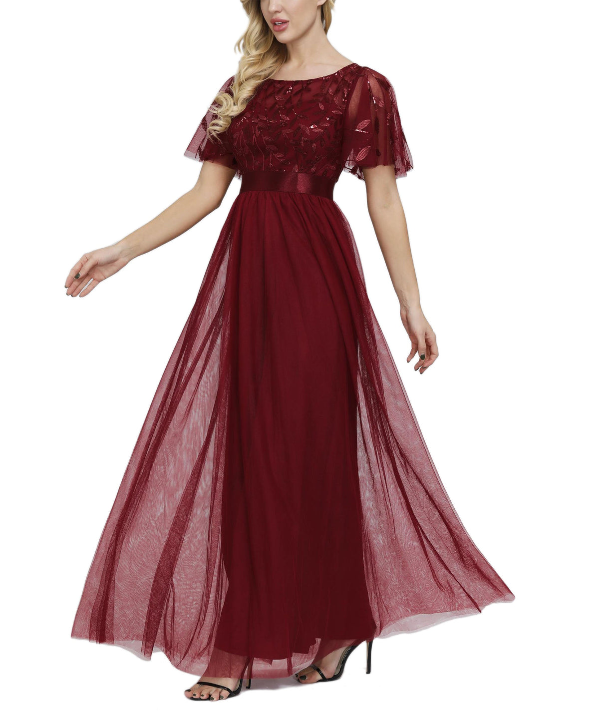 Sequin Short Sleeve Empire Waist Tulle A-Line Maxi Dress - View 2