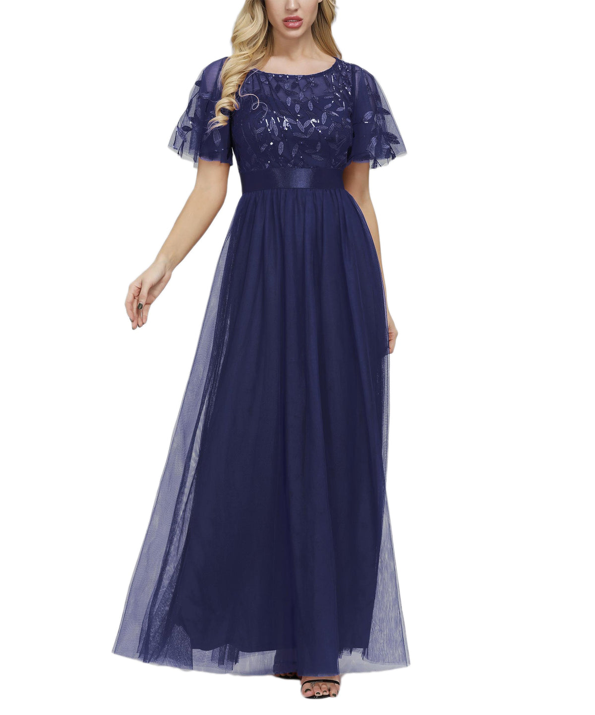 Sequin Short Sleeve Empire Waist Tulle A-Line Maxi Dress - View 4