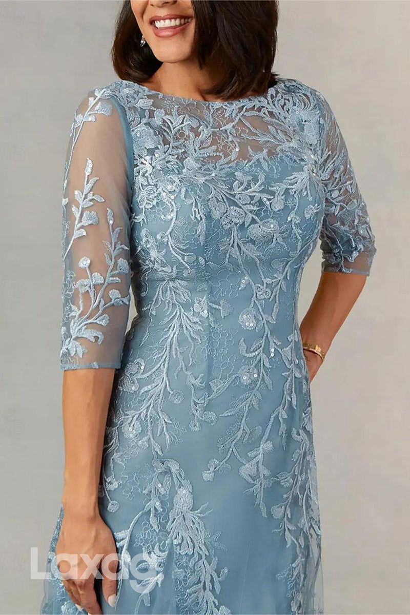 22494 - A-Line Boat Neck 3I4 Sleeves Appliques Tulle Mother of the Bride Dress
