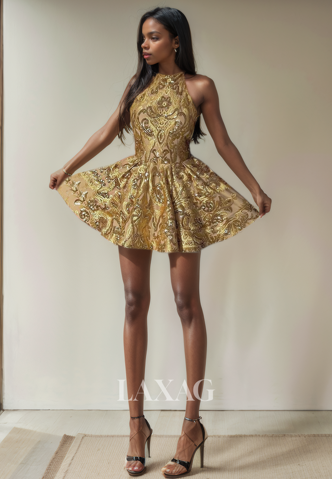 581055 - Halter Gold Sequins Backless Sleeveless A-Line Homecoming Dress - Fashionpara