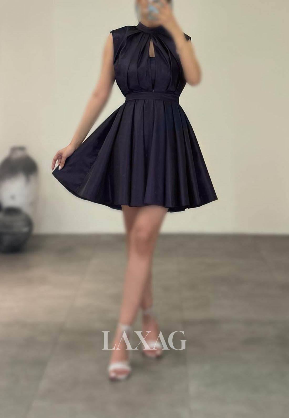 A-Line High Neck Cutout Pleated Sleek Satin Elegant Party Homecoming Dress - Fashionpara