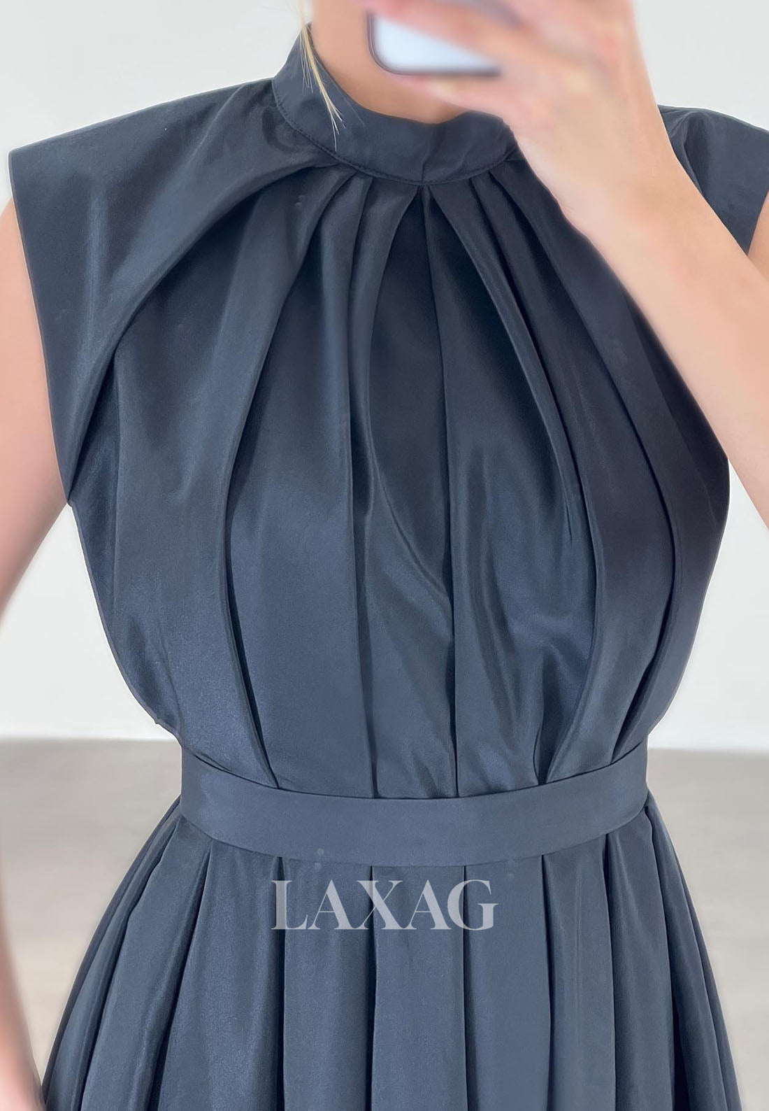 A-Line High Neck Cutout Pleated Sleek Satin Elegant Party Homecoming Dress - Fashionpara