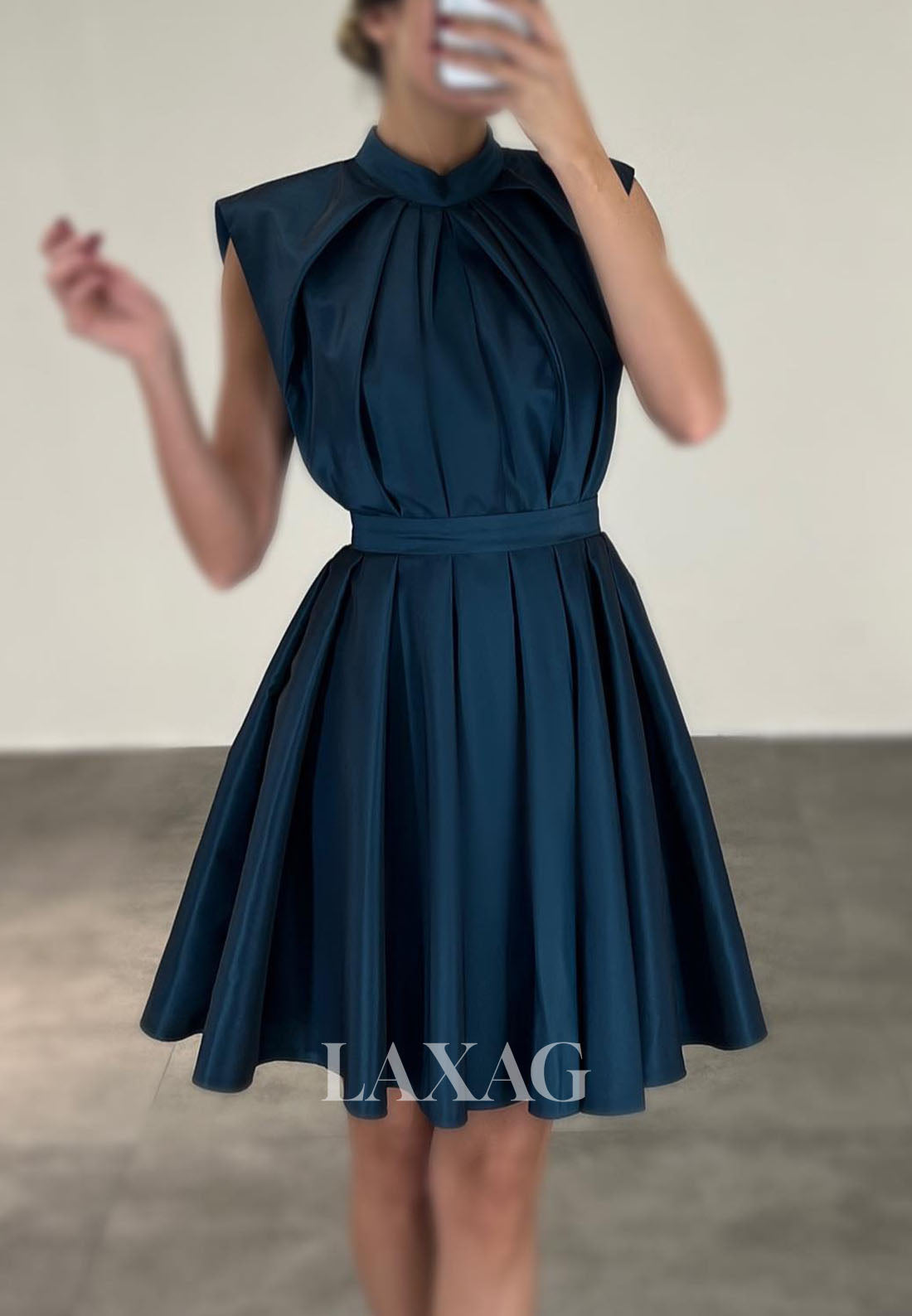 A-Line High Neck Cutout Pleated Sleek Satin Elegant Party Homecoming Dress - Fashionpara