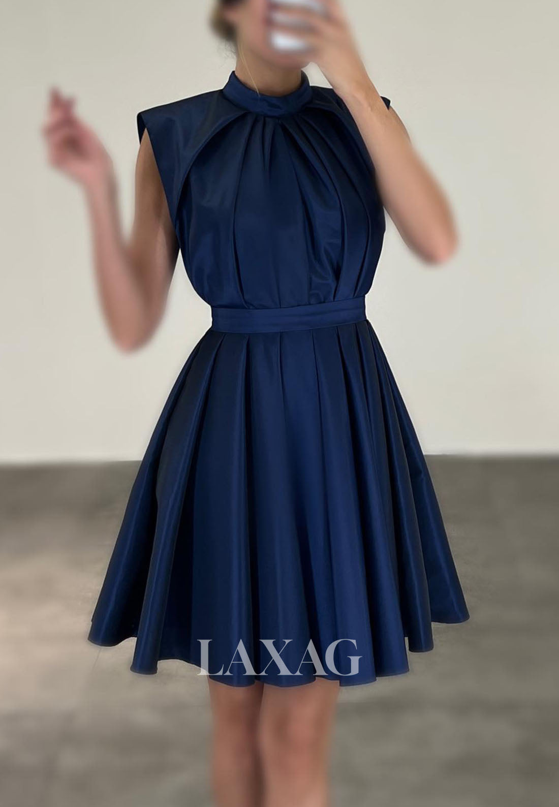 A-Line High Neck Cutout Pleated Sleek Satin Elegant Party Homecoming Dress - Fashionpara