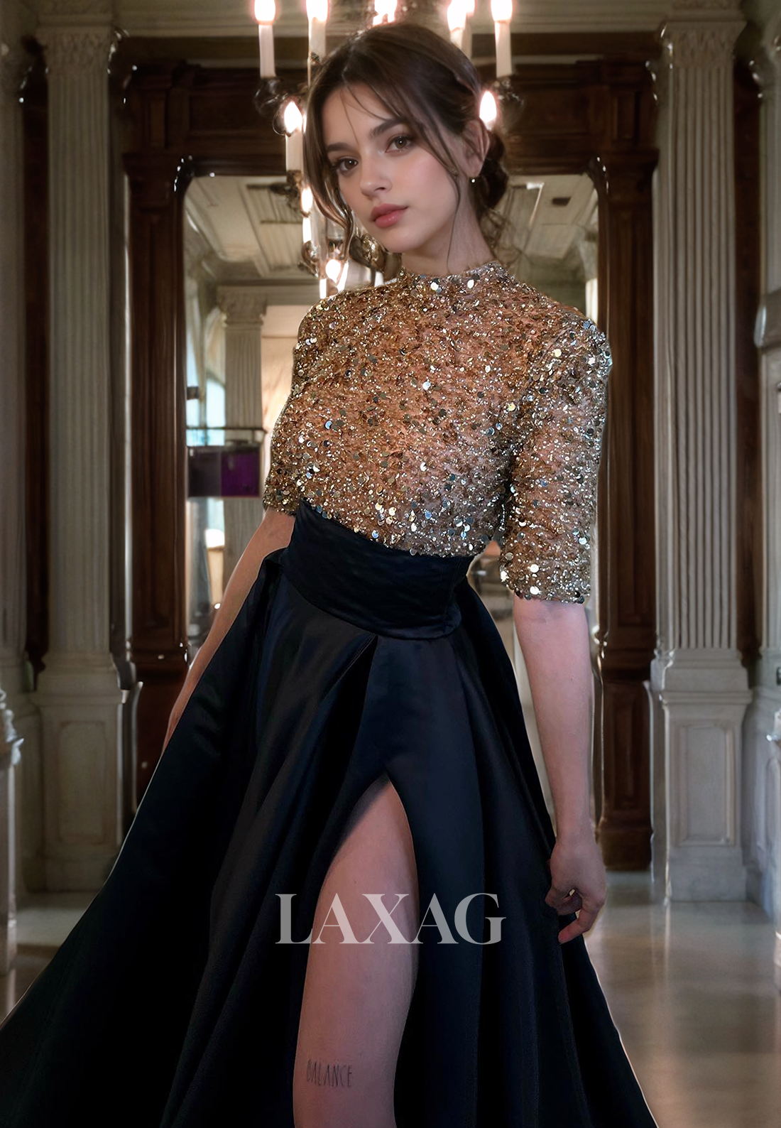 High Neck Sequins Top Long Prom Gown With Slit - Fashionpara