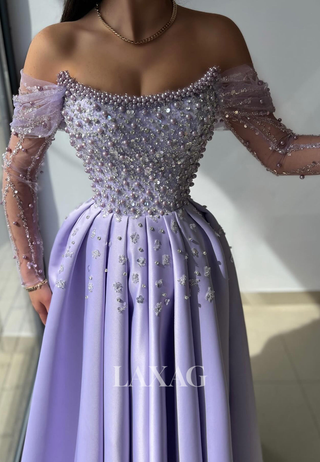 A-Line Off Shoulder Pearls Beaded Sleek Satin Party Prom Formal Evening Dress - Fashionpara