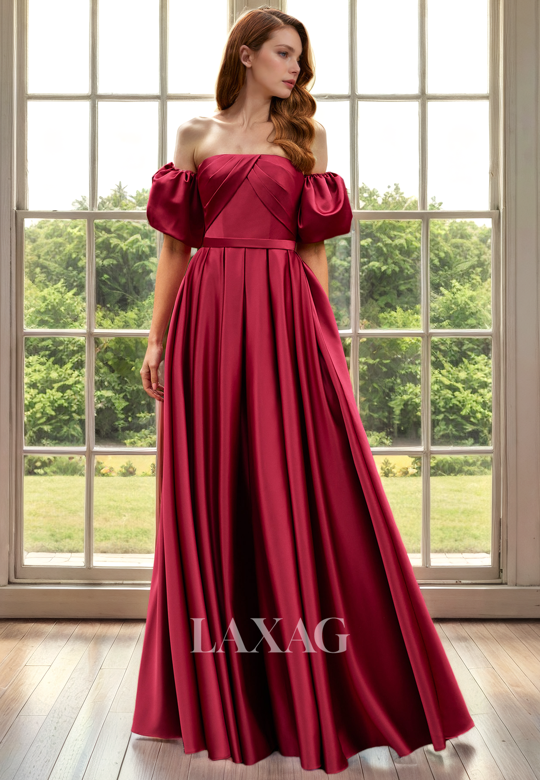 A-Line Off Shoulder Pleated Sleek Satin Elegant Mother of the Bride Dress